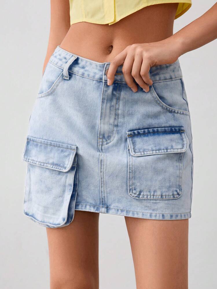 Vintage Washed Mini Denim Skirt With Large Workwear Pockets