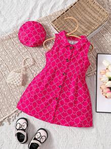 SHEIN 嬰兒女孩全心印花單排扣褶皺連帽連衣裙 - 玫紅色 - 查看 1