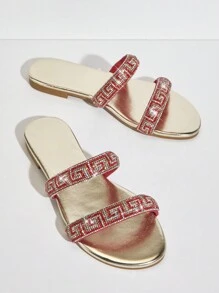 SHUZIA Sandalias planas de estilo europeo y americano, estilo coreano de verano de gran elegancia con patrón geométrico de incrustaciones de diamantes de imitación para mujeres