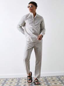 Forever 21 男士寬鬆款反襯衫及長褲兩件套，採用混紡棉條紋布料