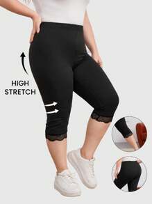 EMERY ROSE Plus Lace Trim Elastic Waist Leggings - Black - View 6
