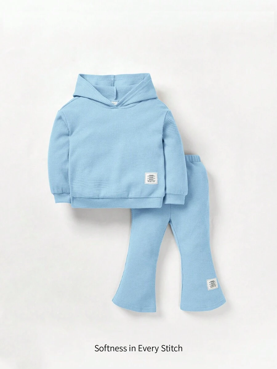 Cozy Pixies Đứa bé gái Thư được vá Hoodie & Quần ống loe - Màu xanh nhạt - Xem 1