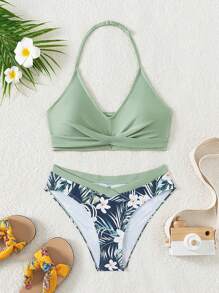 Teen Girl Holiday Áo dây màu trơn và quần đùi tam giác in hoa nhiệt đới Bộ bikini đơn giản đi biển mùa hè - Nhiều màu - Xem 2