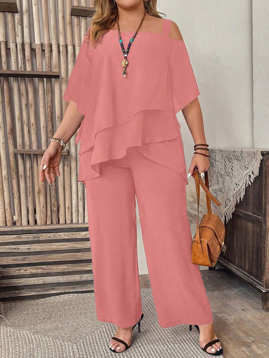 Plus Size Women Summer Simple Solid Color Loose Asymmetrical Collar Ruffle Hem Shirt And Pants Set