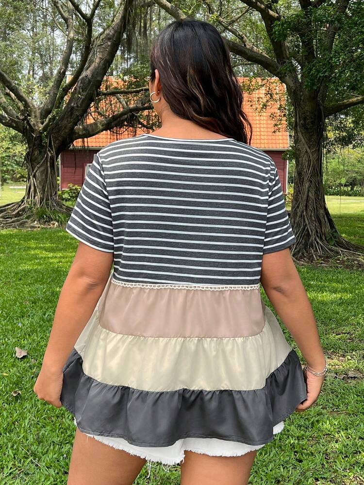 Plus Size Casual Lace & Color Block Patchwork Swing T-Shirt