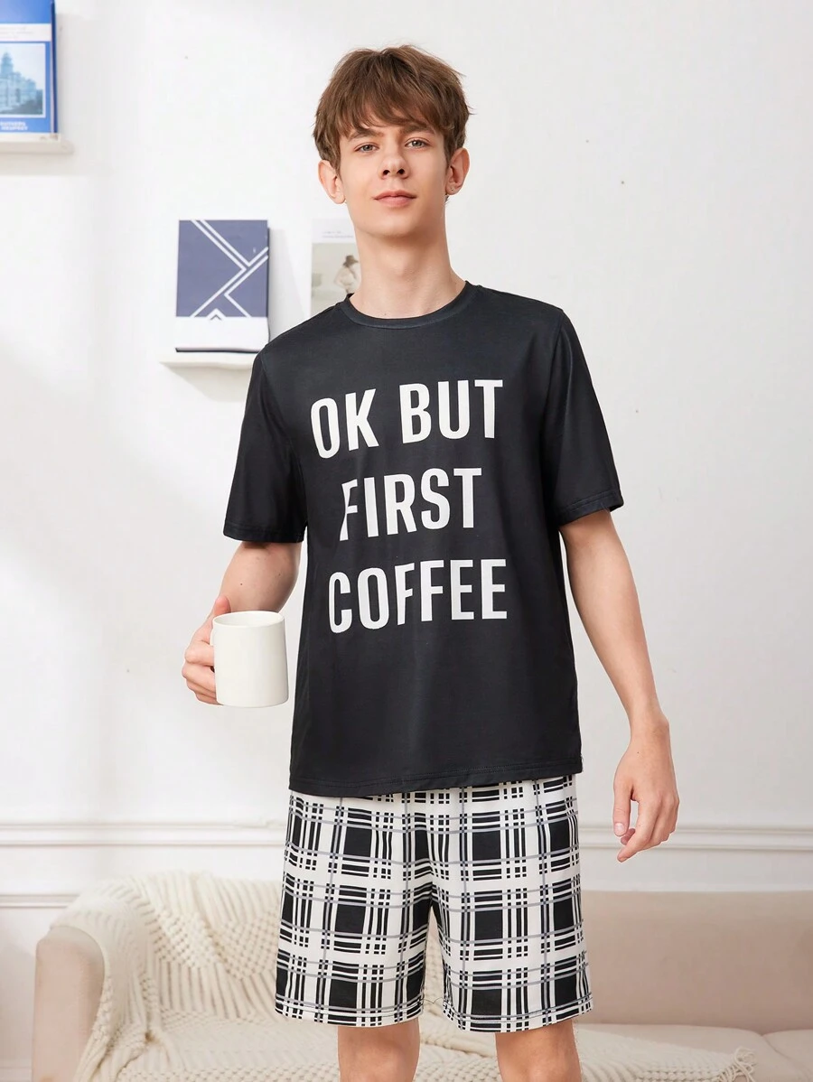 SHEIN Teen Boy Fashion Casual Letter Print Short Sleeve & Plaid Shorts Fire Retardant Pajamas Set