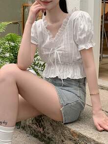 夏季純色休閒泡泡袖上衣 白色 - 白色 - 查看 6