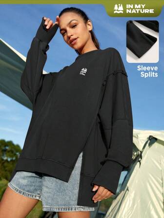 In My Nature In My Nature Damen lässiger Pullover mit Dropped Shoulder, Outdoor Langarm Sweatshirt mit Seitenschlitzen, Winteroberteil für Wandern, Damenkleidung