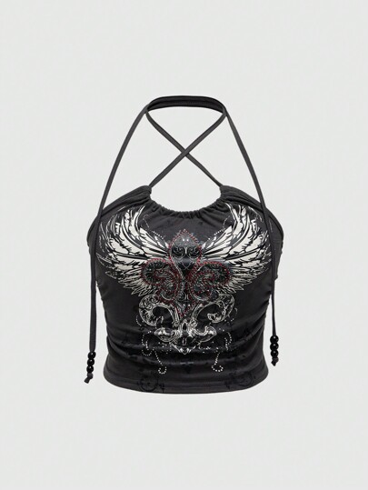 Goth Damen bedrucktes Trägershirt ohne Ärmel für modischen Alltags-Tragen im Frühling und Sommer, Schule