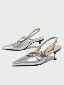 Pointed Toe Slim Heel Low Vamp Pumps, Sexy Niche European And American Fashion Women's Formal Shoes, Elegant Women's High Heels - Silver - View 4