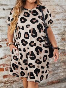SHEIN LUNE Plus Size Leopard Print Round Neck Pocket Pullover Dress - Multicolor - View 1