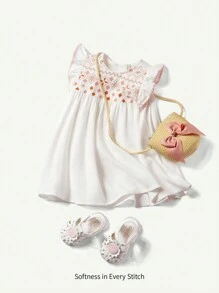 Cozy Pixies Baby Girl Casual And Versatile Floral Pattern Round Neck Dress With Ruffle Hem And Waist Tie - White - View 1