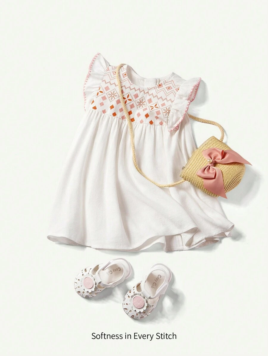 Cozy Pixies Baby Girl Casual And Versatile Floral Pattern Round Neck Dress With Ruffle Hem And Waist Tie - White - View 1