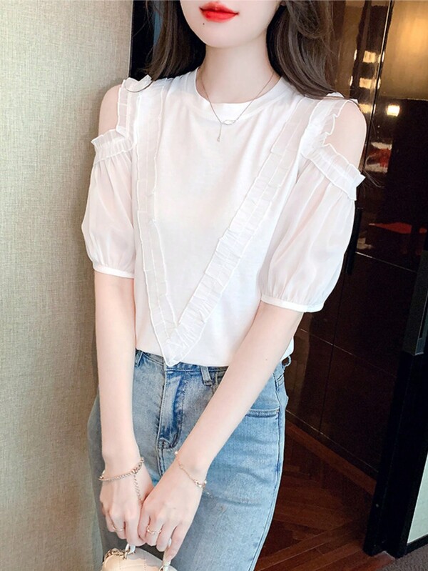 Maglietta estiva/stagionale casual per donne con pizzo floreale e maniche scese