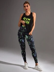 Gameset SHEIN Sport Women Yoga Fashionable Letter Printed Round Neck Vest And Long Pants Sports Set Workout Women Set Women Leggings Set - Multicolor - View 8