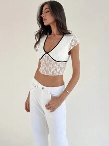Aloruh Women Tight Black And Contrast Lace Deep V-Neck Mesh Top - White - View 3