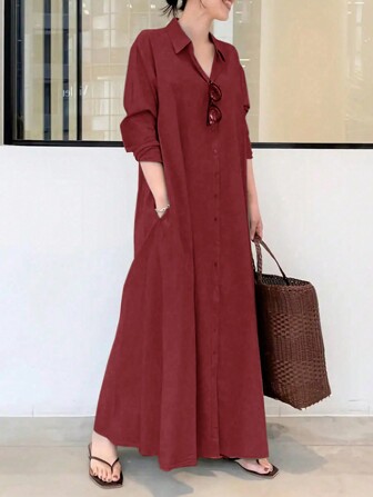 Women's Casual Shirt Collar Single Breasted Loose Pocket Dress For Spring And Summer