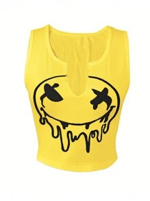 INAWLY Top de tanque corto y ajustado en talla grande de dibujos animados impresos con nudo y cuello en V - Amarillo - Ver 4