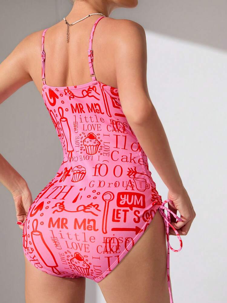 Women Knitted Cartoon And Letter Graphic Drawstring Ruched Side One-Piece Swimsuit, Summer
