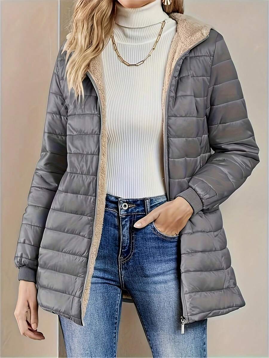 女式长袖纯色连帽棉服外套 - 灰色 - 查看 1