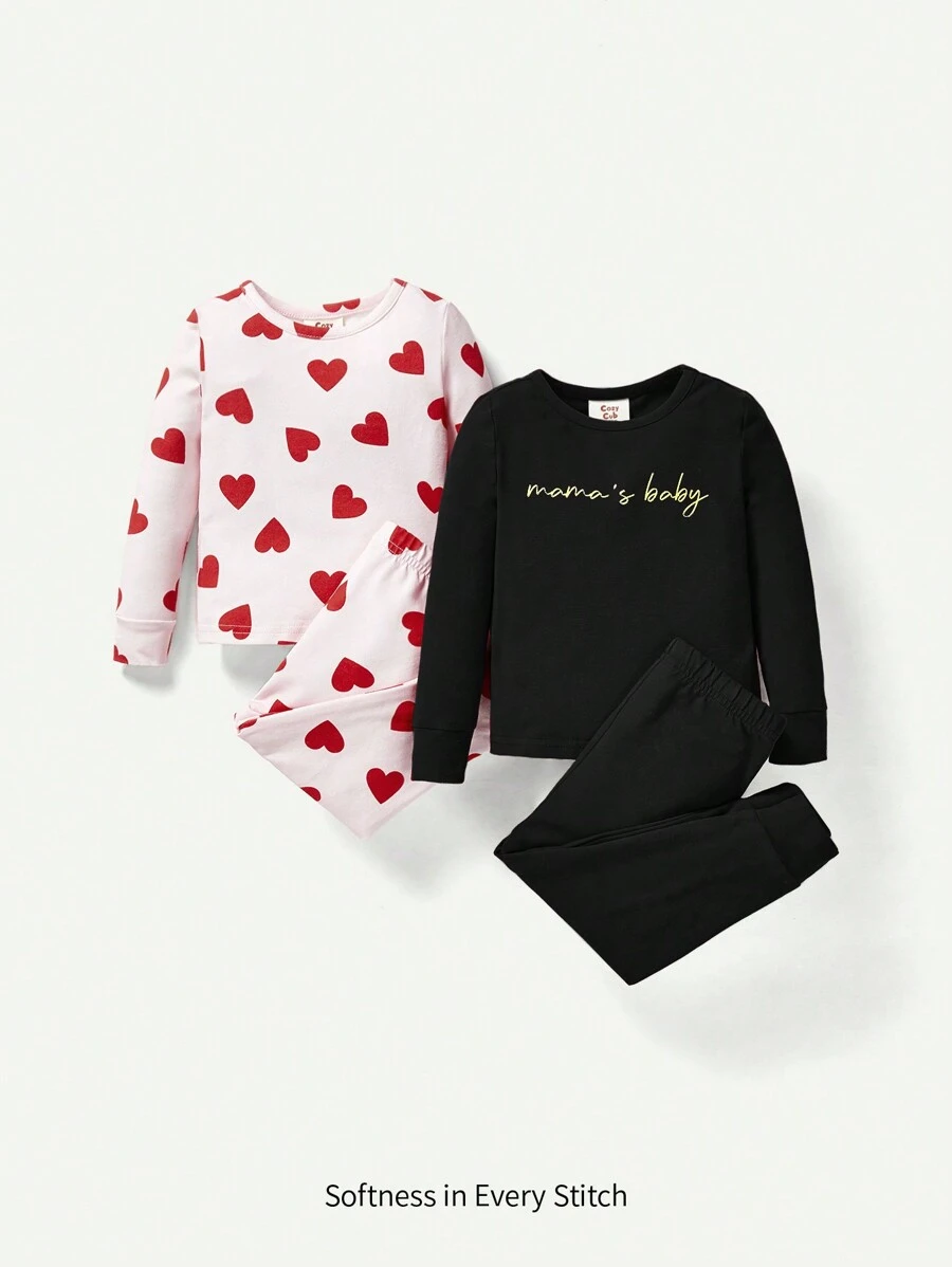 寶寶女孩合身睡衣套裝- 圓領愛心圖案上衣和長褲，共4件 - 彩色 - 查看 1