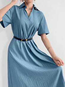 Mulvari Sommerkleid mit Kurzarm und Umlegekragen Einfarbig