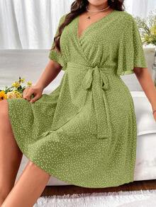 SHEIN Holidaya Váy Xuân/Hè có cổ chữ V thắt lưng có dây buộc cỡ lớn - màu xanh lá - Xem 4