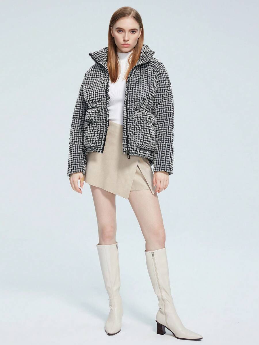 MIEGOFCE 女式休闲千鸟格立领长袖拉链夹克，冬季 - 黑與白 - 查看 1