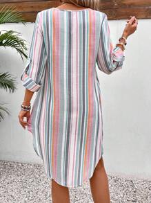 Breezaya Colorful Striped V-Neck Dress With Arc-Shaped Hemline For Spring And Summer Casual Wear Vacation Beach Outfits Women
