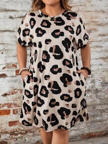 SHEIN LUNE Plus Size Leopard Print Round Neck Pocket Pullover Dress - Multicolor - View 8