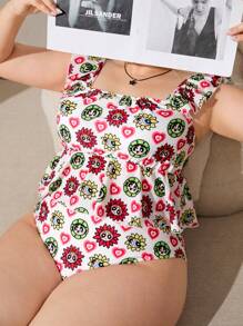 THE POWERPUFF GIRLS X SHEIN Plus Size Casual Vacation Style Cartoon Printed Ruffle Trim Tankini Set, Summer