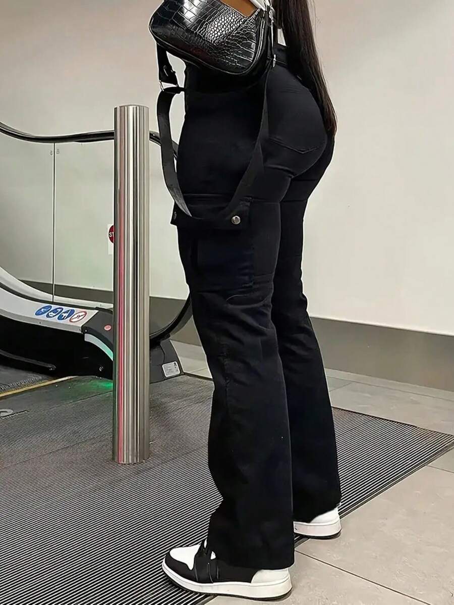 2024 Women European And American Casual Black Cargo Pants, Versatile And Fashionable