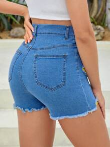 SHEIN Pantalones cortos vaqueros desgastados de maternidad, informales y sexys, de color amarillo, con cintura elástica azul y contraste en las caderas