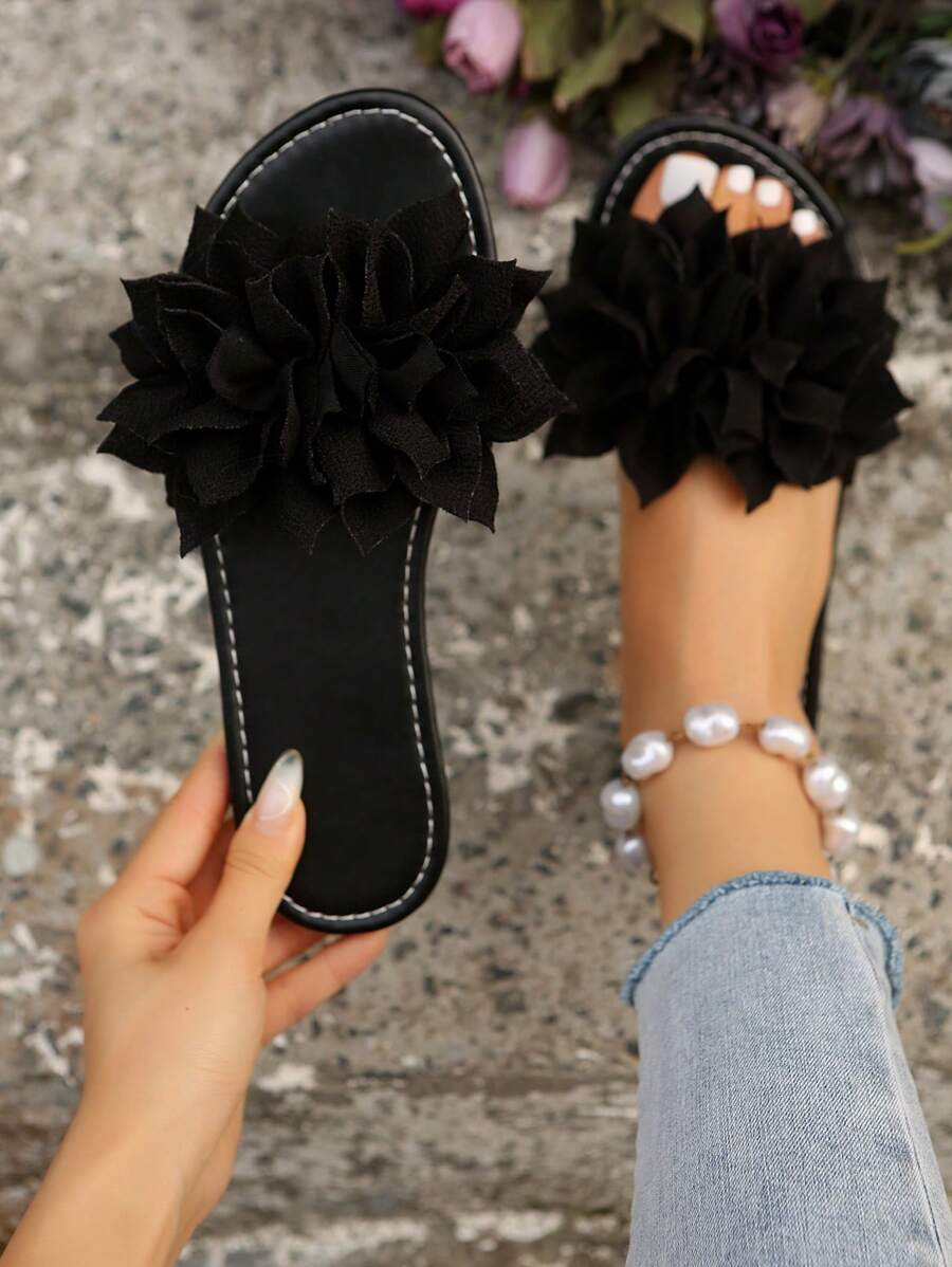 Französische elegante und sanfte flache Sandalen für Frauen, offene Zehenriemchen-Slides mit Blumenmuster, geeignet für Dates, den Alltag, Lässig, Zuhause, Strand und Freizeitaktivitäten im Sommer - Schwarz - Übersicht 1