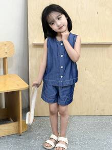 Young Girl Casual Denim Shorts And Vest Set For Summer