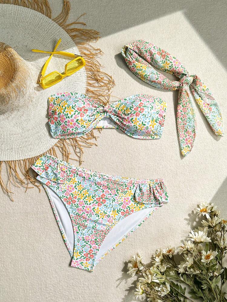 Women Floral Print Bandeau Bikini Set With Triangle Bottom And Headband, Holiday Style Two-Piece Swimwear Set Summer