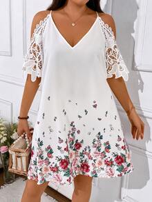 SHEIN Holidaya 大尺碼女士夏季花卉印花對比蕾絲開肩寬鬆優雅連衣裙 - 白色 - 查看 4