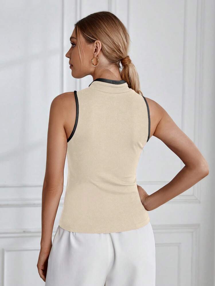 Women Sleeveless Tank Top With Color-Block Design, Zipper And Edging