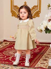 SHEIN Đứa bé gái Đúng mốt Thanh lịch Ống tay áo Eo đàn hồi Đầm - Màu be - Xem 4