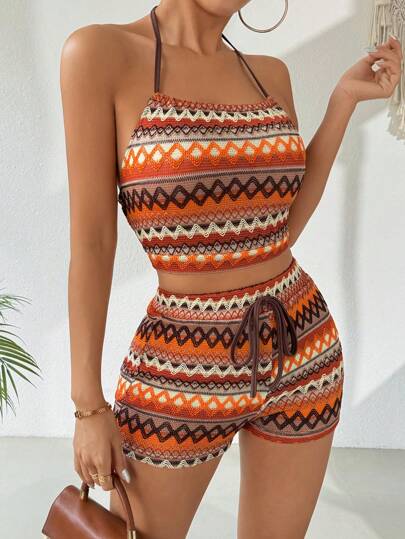 Breezaya Conjunto de chaleco con cuello halter y shorts de cintura alta de estilo veraniego y multicolor para mujer, ideal para vacaciones en la playa