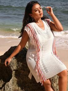 SHEIN Swim Curve Summer Plus Size V-Neck Fringe Decorated Split Hem Overlay Dress - Multicolor - View 1