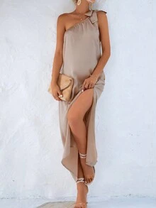 Oblique Shoulder Strap Solid Color Casual Daily Wear Dress - Apricot - View 3