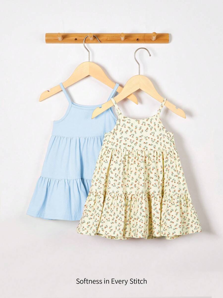Cozy Pixies Conjunto de 2 piezas para niña bebé con vestido de tirantes con dobladillo con volantes multicapa - Azul - Ver 1