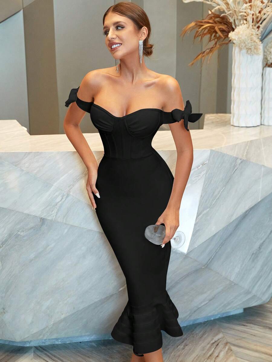 ADYCE 优雅单肩蝴蝶结高腰露背鱼尾中长派对礼服，适合舞会、生日派对、正式晚宴、约会、返校节、婚礼宾客、鸡尾酒会、家庭聚会等场合。 - 黑色 - 查看 1