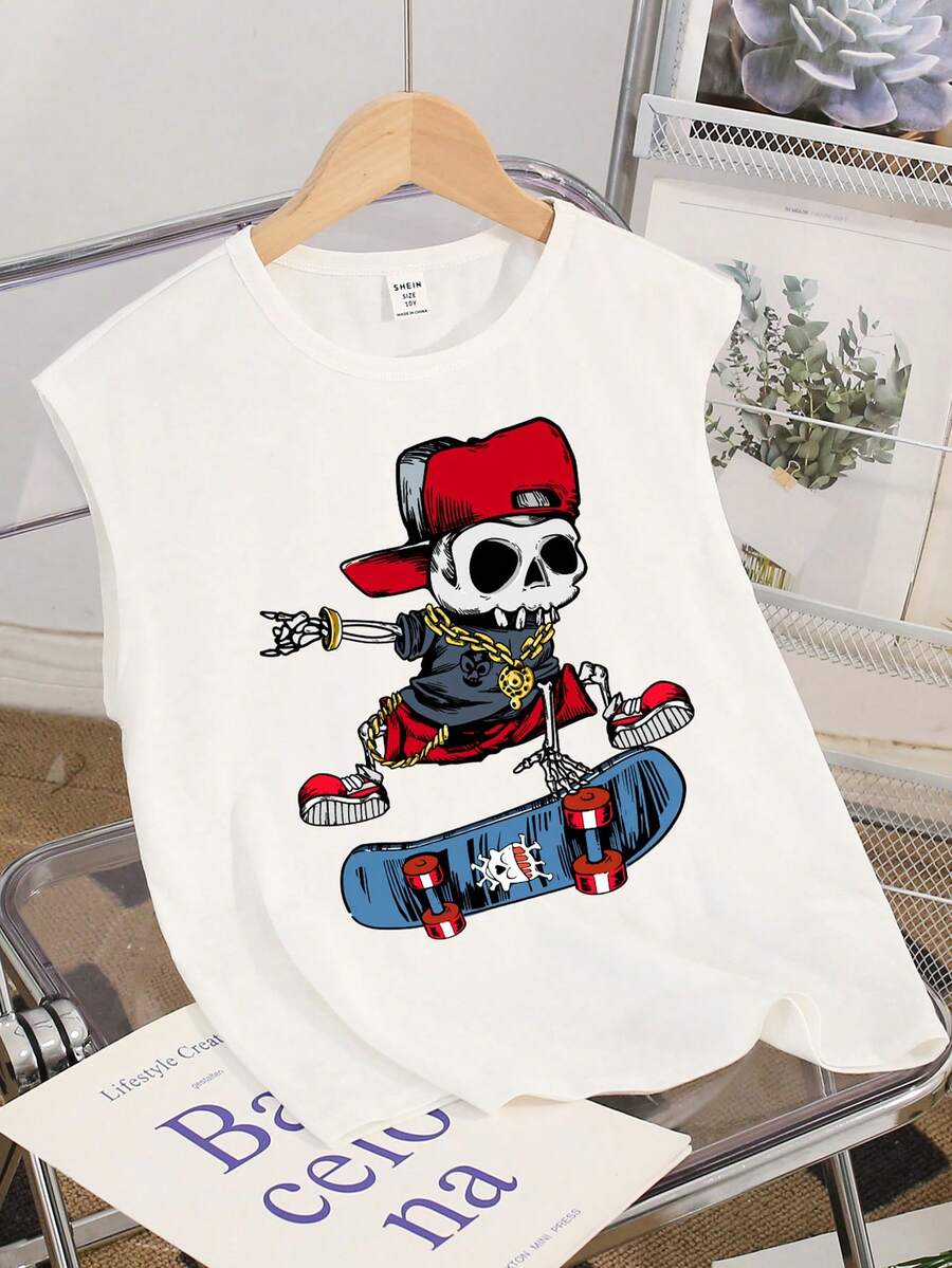 Tween Boy Skateboarding Leisurely Simple Skull & Skateboard Pattern Round Neck Tank Top Suitable For Summer - White - View 1