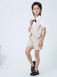Young Boy Gentleman Color Block Button-Down Short Sleeve Shirt With Shorts Set - Apricot - View 1