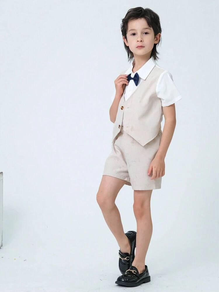 Young Boy Gentleman Color Block Button-Down Short Sleeve Shirt With Shorts Set
