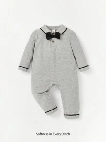 Cozy Pixies Đứa bé trai Tương phản ràng buộc Nơ mặt trước Cổ Polo Áo liền quần - Màu Xám nhạt - Xem 1