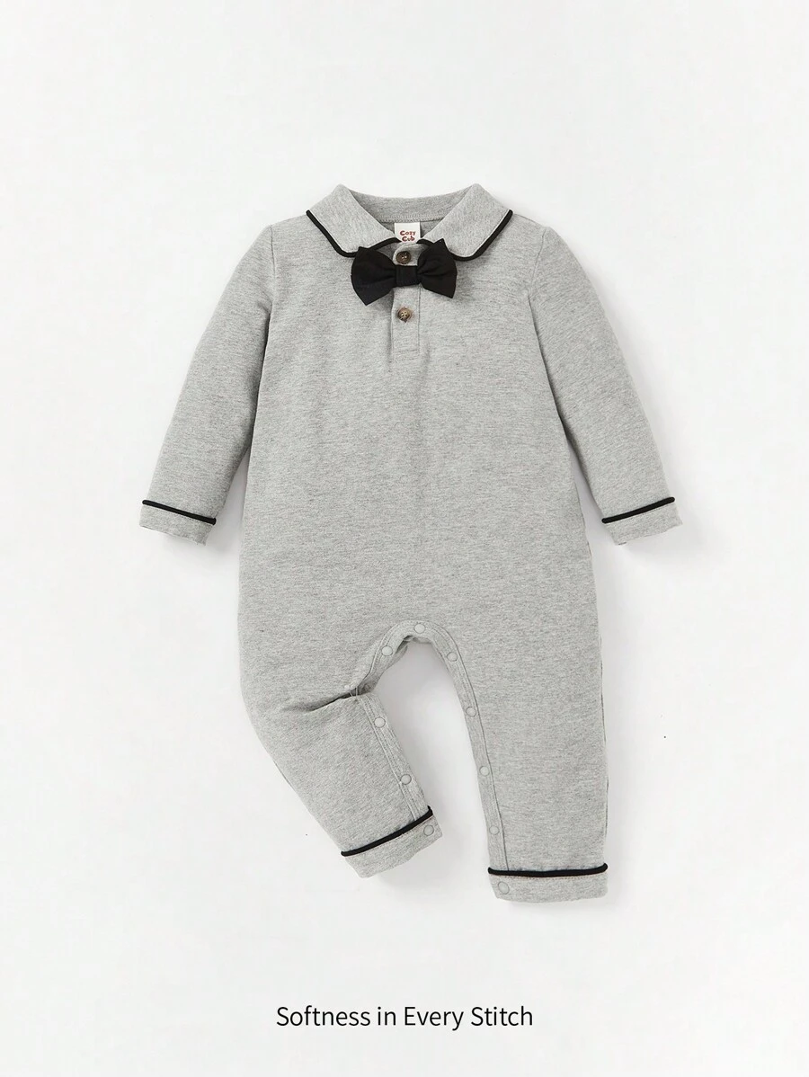 Cozy Pixies Đứa bé trai Tương phản ràng buộc Nơ mặt trước Cổ Polo Áo liền quần - Màu Xám nhạt - Xem 1