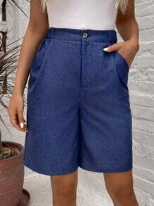 SHEIN LUNE Solid Color Shorts With Slant Pocket For Summer - Dark Wash - View 5
